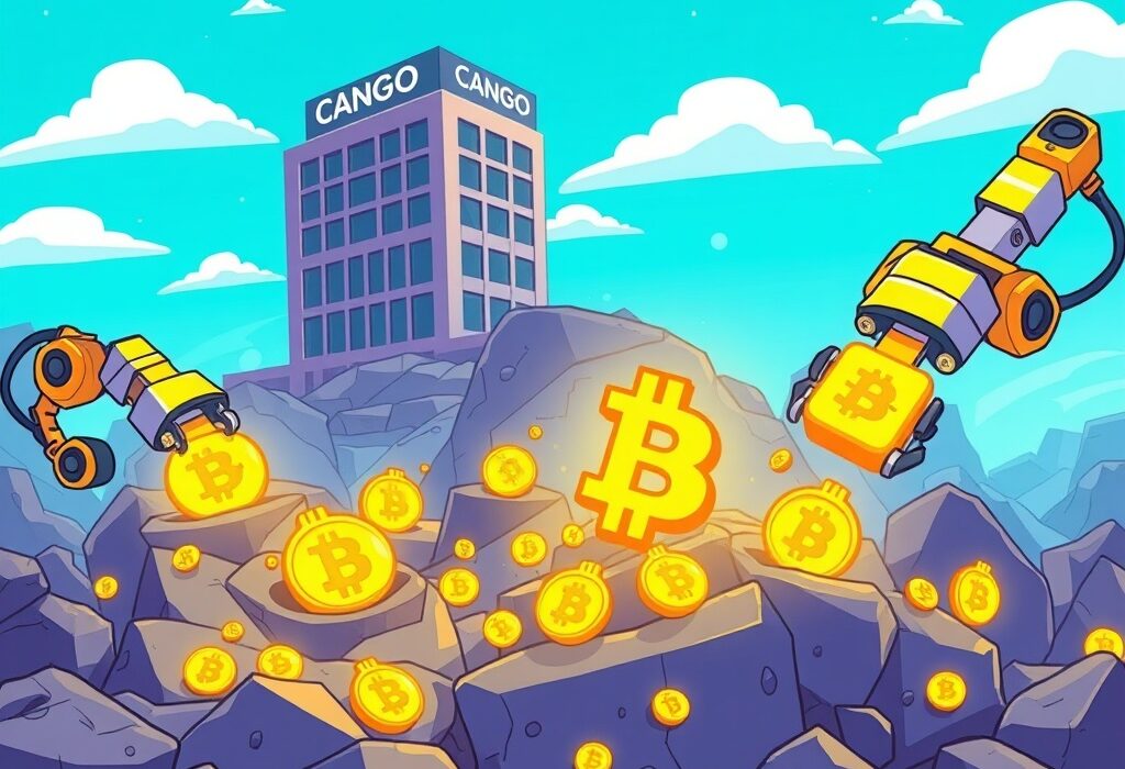Cartoon illustration of a sophisticated mining operation, symbolizing Cango Bitcoin mining success and significant BTC accumulation.