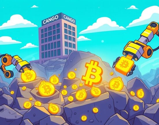 Cartoon illustration of a sophisticated mining operation, symbolizing Cango Bitcoin mining success and significant BTC accumulation.