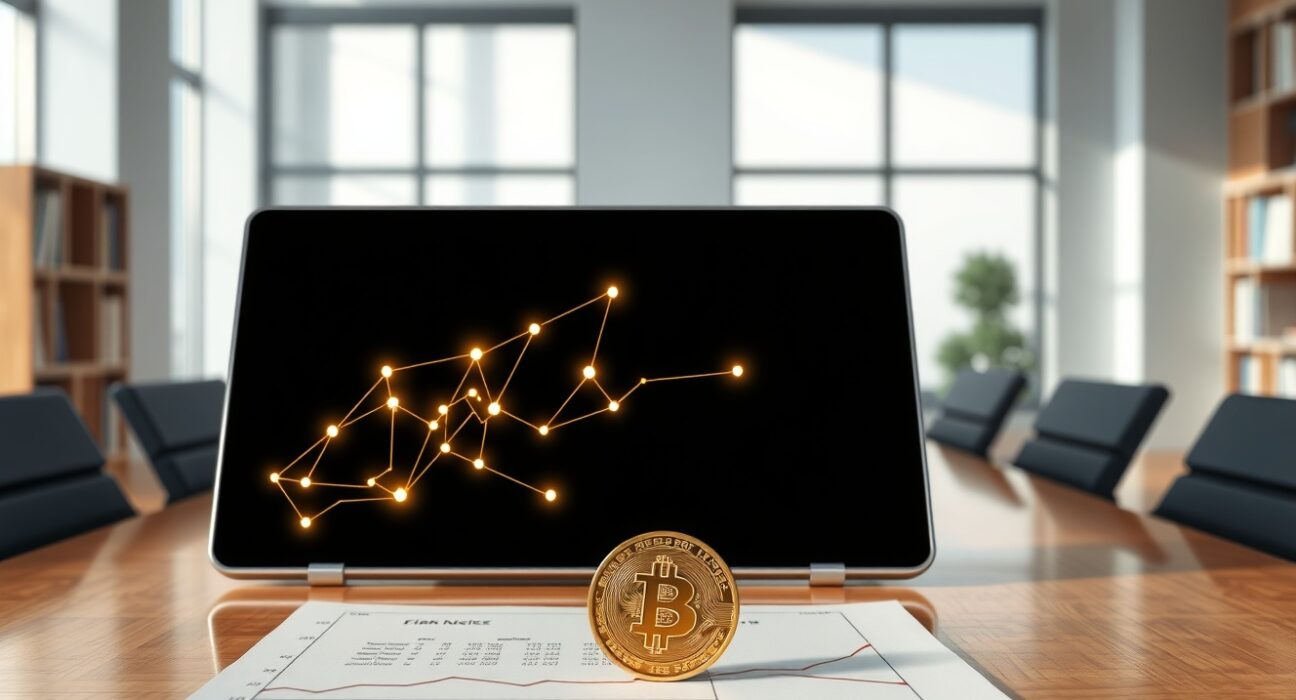 Corporate decision to sell Bitcoin for debt repayment shown with blockchain visualization and financial documents.