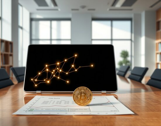 Corporate decision to sell Bitcoin for debt repayment shown with blockchain visualization and financial documents.