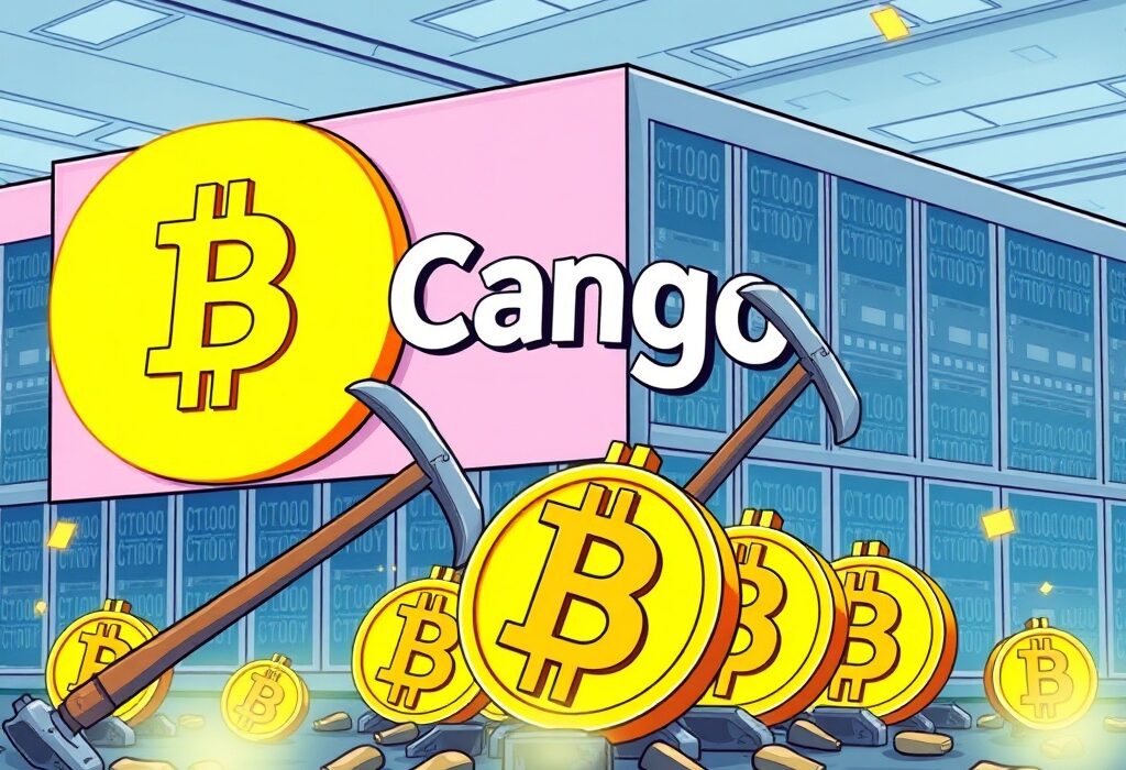 Cartoon illustration depicting active Cango BTC mining operations, showing pickaxes hitting Bitcoin symbols at a data center.