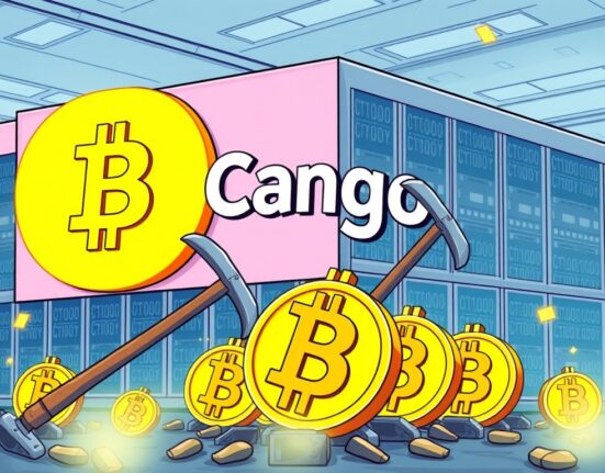 Cartoon illustration depicting active Cango BTC mining operations, showing pickaxes hitting Bitcoin symbols at a data center.