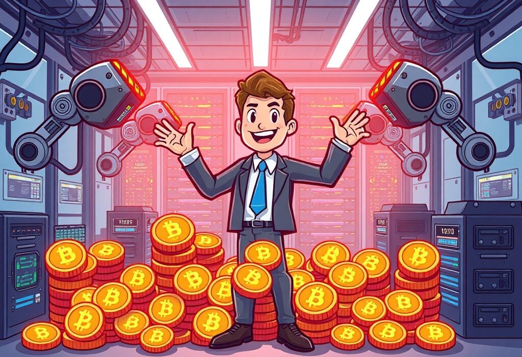 A cartoon miner celebrates a successful Cango BTC mining operation, surrounded by Bitcoin, representing the company's strong Q2 earnings.