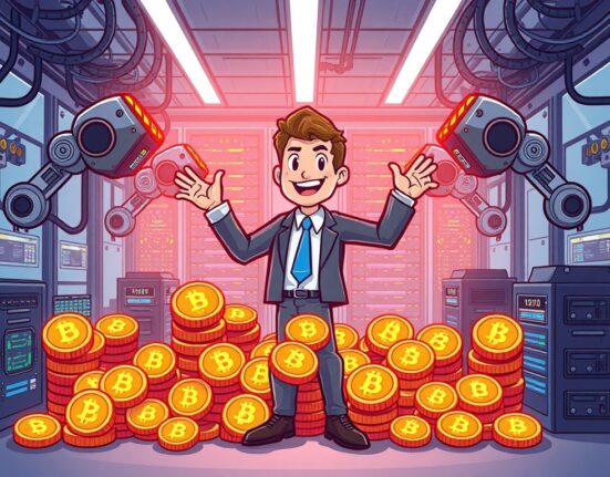 A cartoon miner celebrates a successful Cango BTC mining operation, surrounded by Bitcoin, representing the company's strong Q2 earnings.