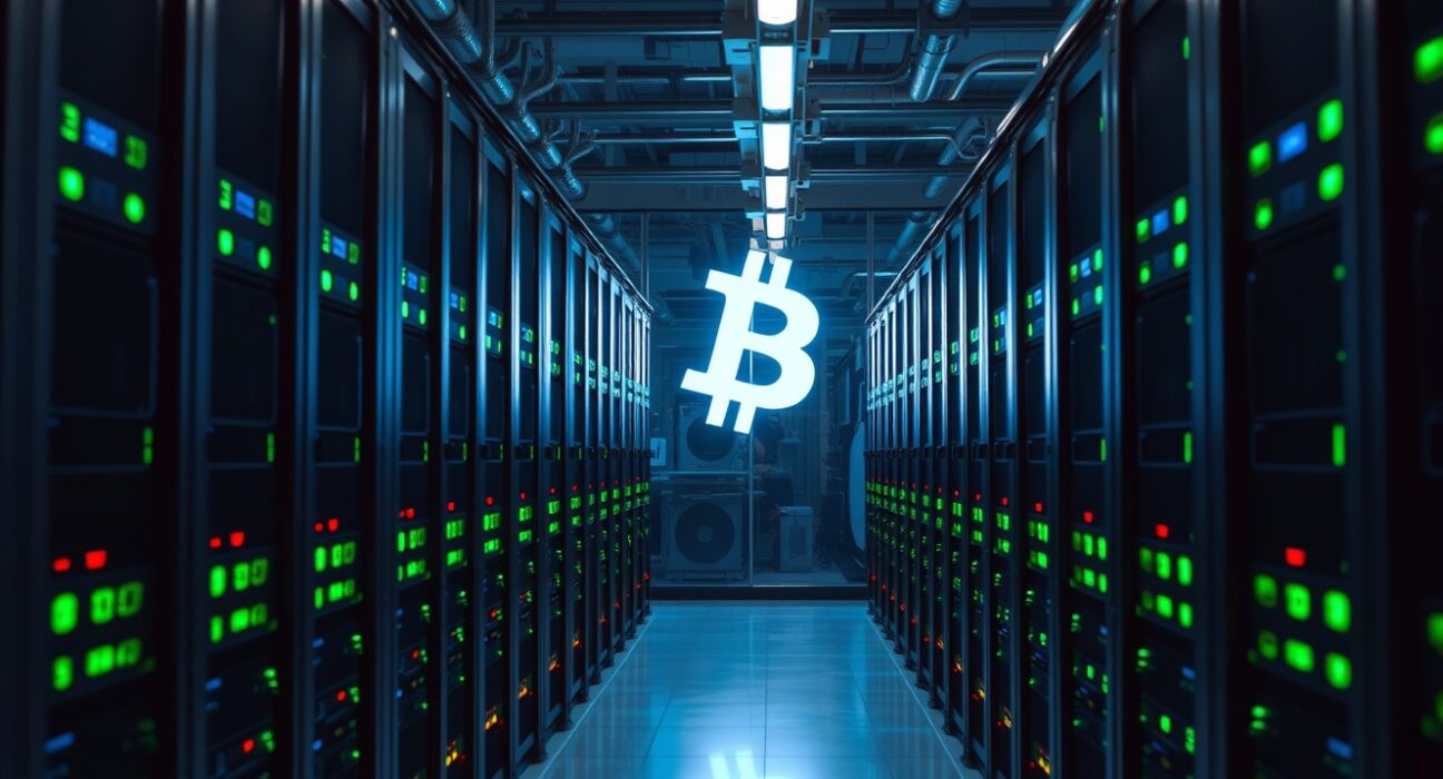 Interior of a modern Bitcoin mining facility with rows of ASIC miners and cool blue lighting
