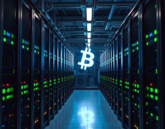 Interior of a modern Bitcoin mining facility with rows of ASIC miners and cool blue lighting