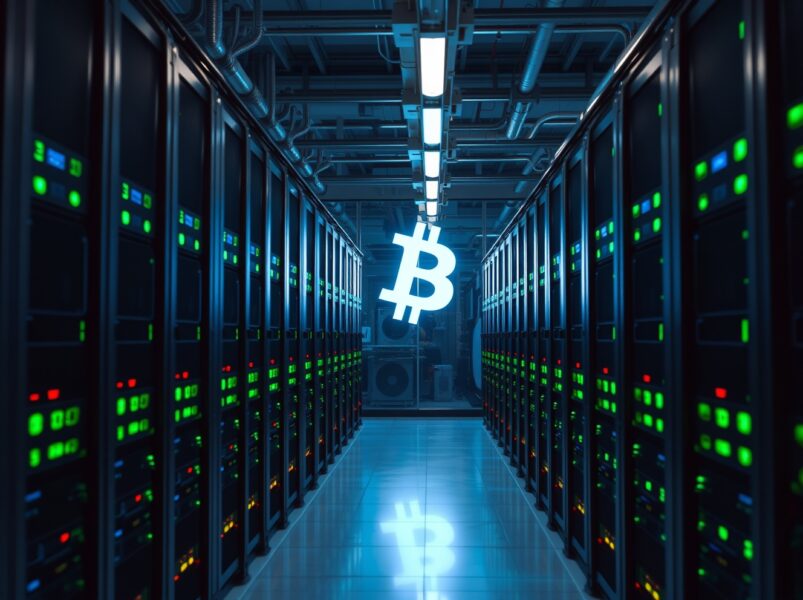 Interior of a modern Bitcoin mining facility with rows of ASIC miners and cool blue lighting