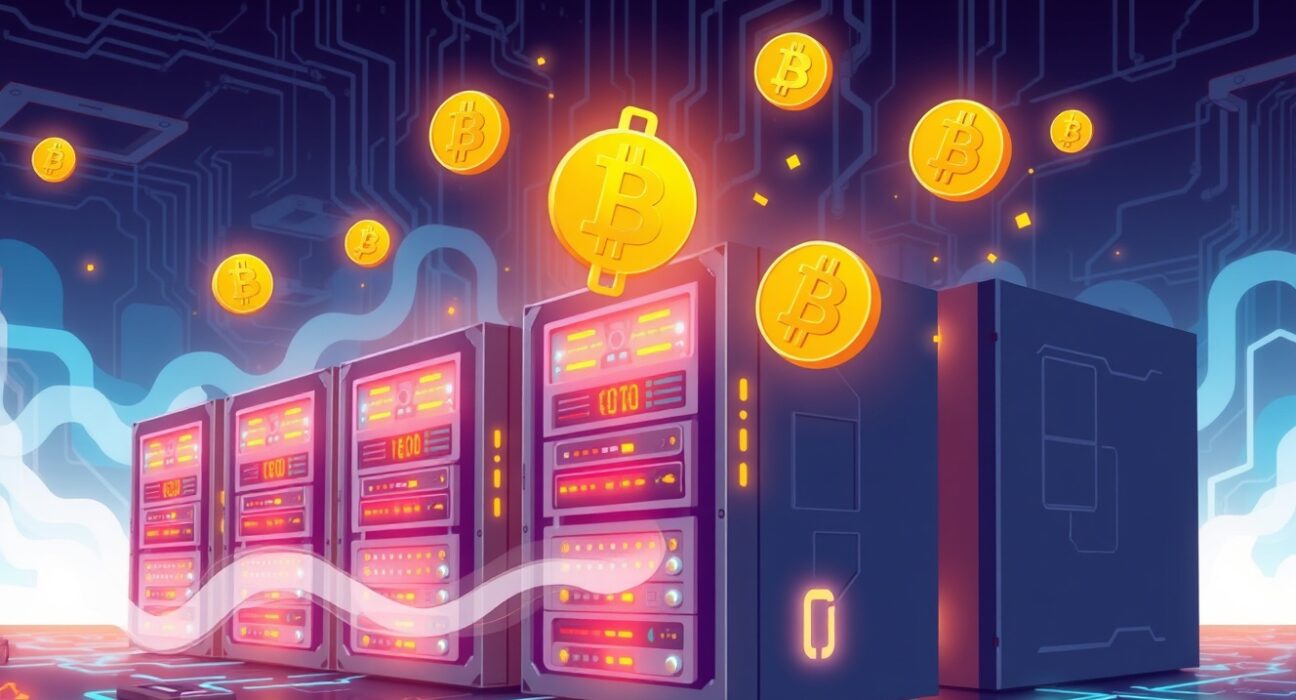 Cartoon illustration of Cango mining BTC in a vibrant digital facility