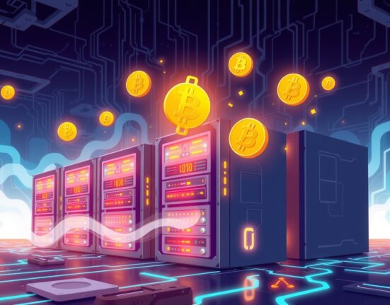 Cartoon illustration of Cango mining BTC in a vibrant digital facility