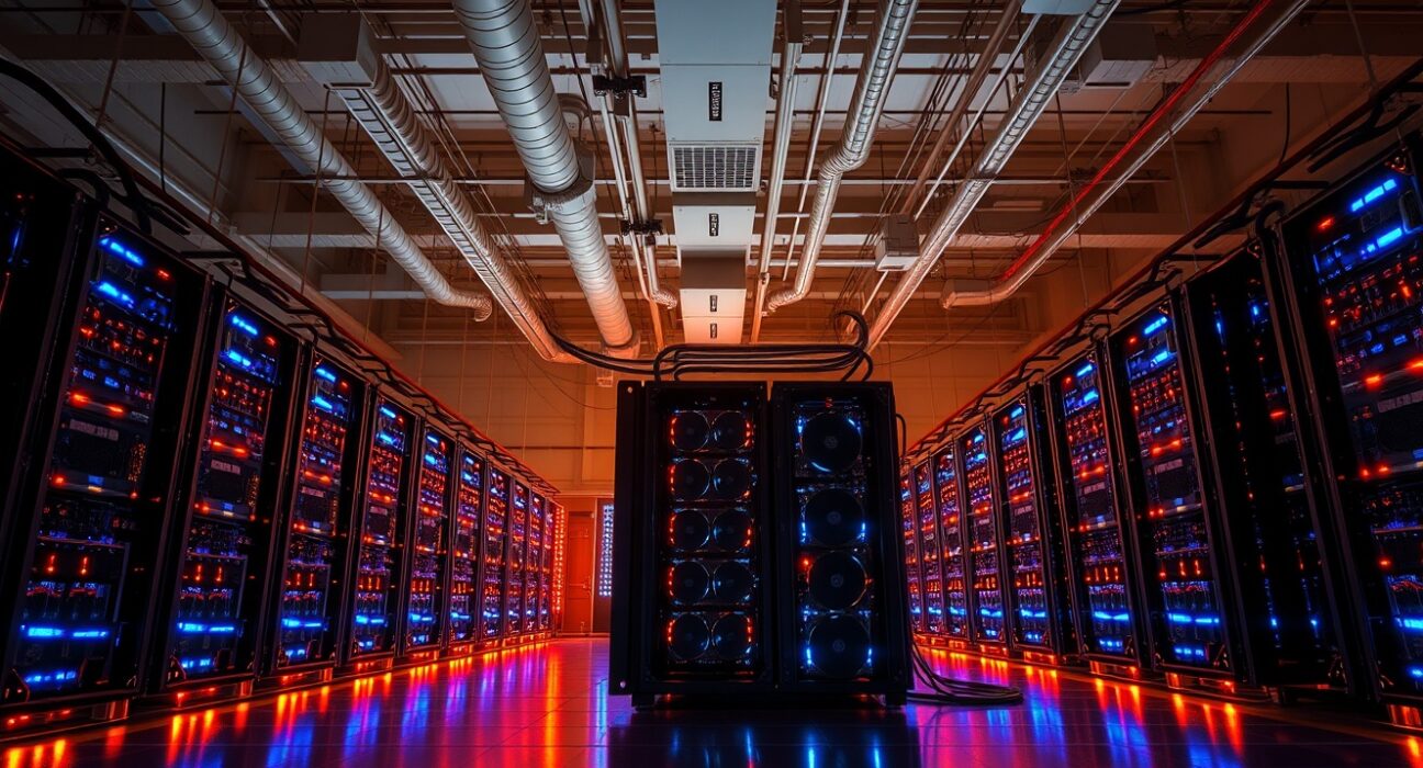Interior of a large Bitcoin mining facility with rows of ASIC miners glowing under dim industrial lighting