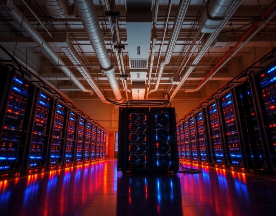 Interior of a large Bitcoin mining facility with rows of ASIC miners glowing under dim industrial lighting