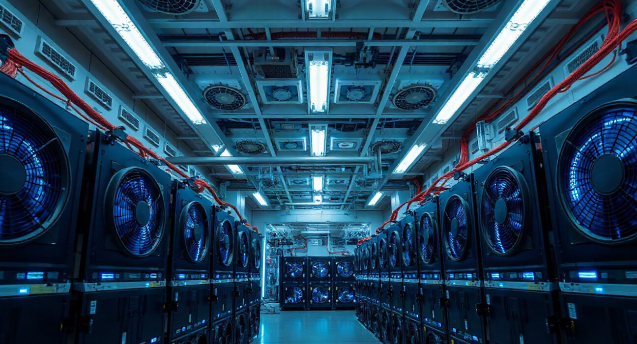 Rows of Bitcoin mining rigs inside a large industrial facility, with blue LED lighting and ventilation systems visible.