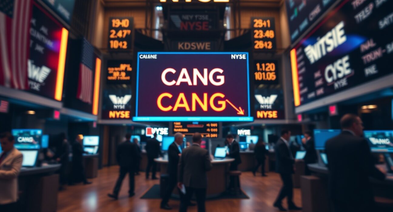 NYSE trading floor with CANG ticker displayed on electronic board during market hours