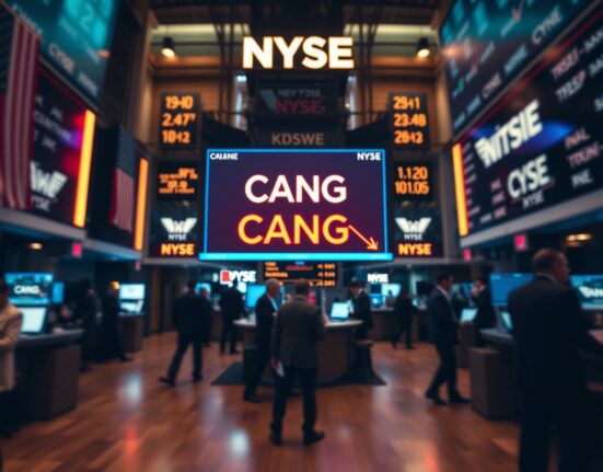 NYSE trading floor with CANG ticker displayed on electronic board during market hours