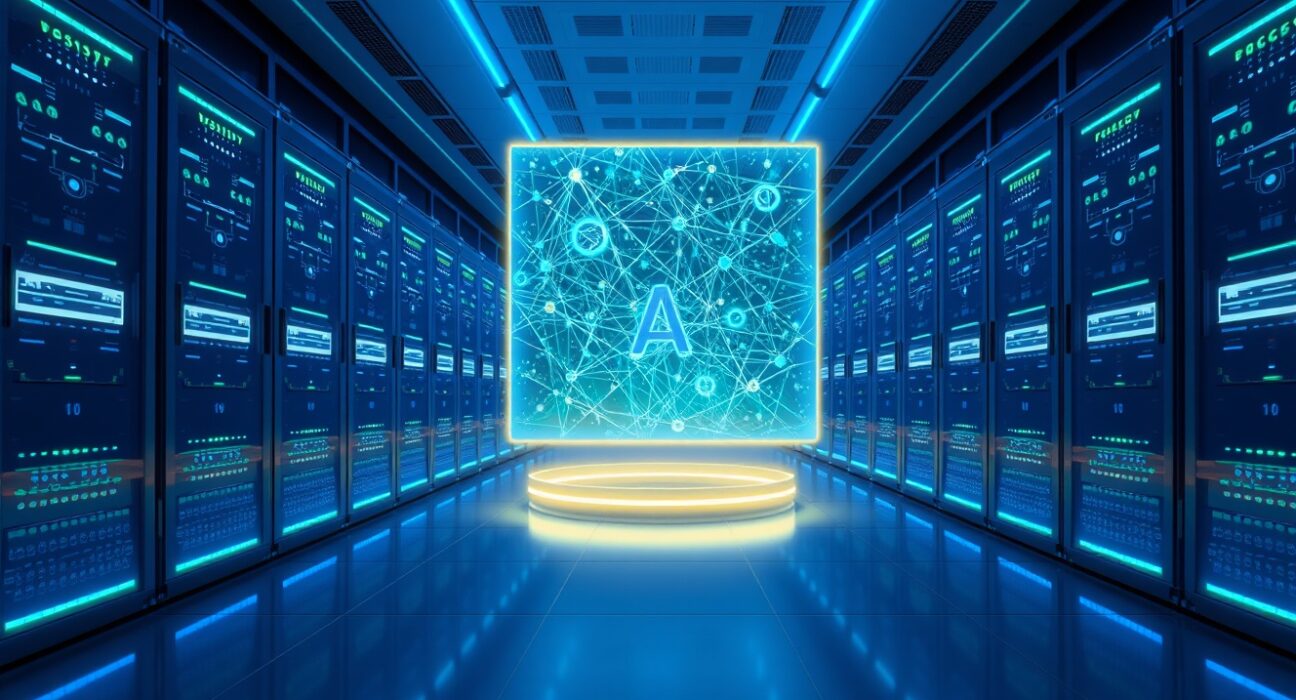 Futuristic server room with holographic blockchain network display