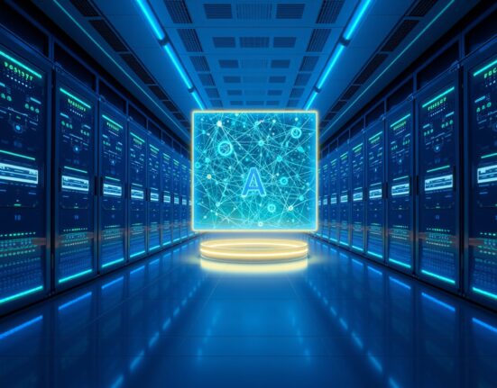 Futuristic server room with holographic blockchain network display