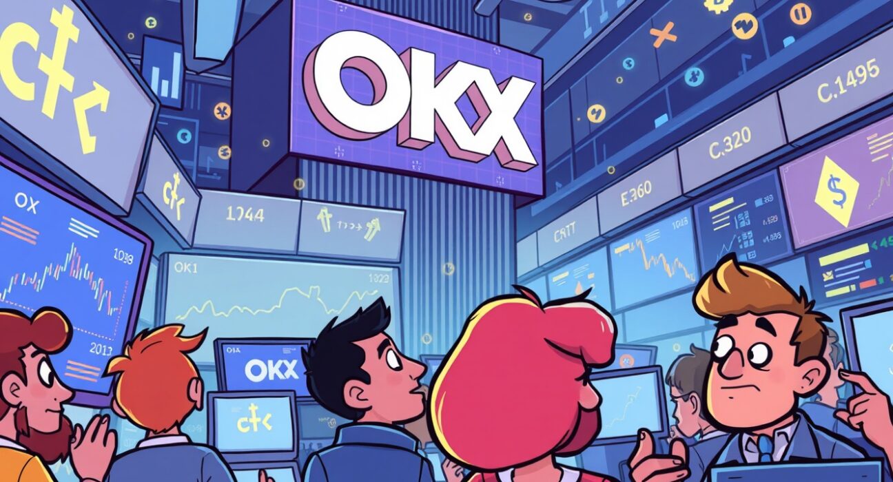 A vibrant cartoon illustrating the launch of Canton Network perpetual futures on OKX's pre-market, symbolizing new trading opportunities.