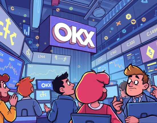 A vibrant cartoon illustrating the launch of Canton Network perpetual futures on OKX's pre-market, symbolizing new trading opportunities.
