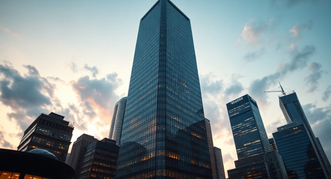 Financial district skyline with glass office towers at dusk, representing corporate finance and investment analysis.