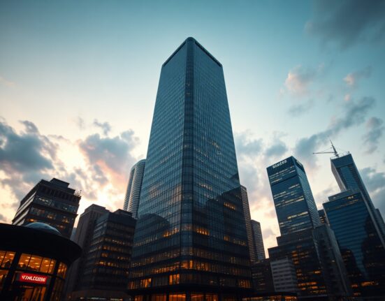 Financial district skyline with glass office towers at dusk, representing corporate finance and investment analysis.