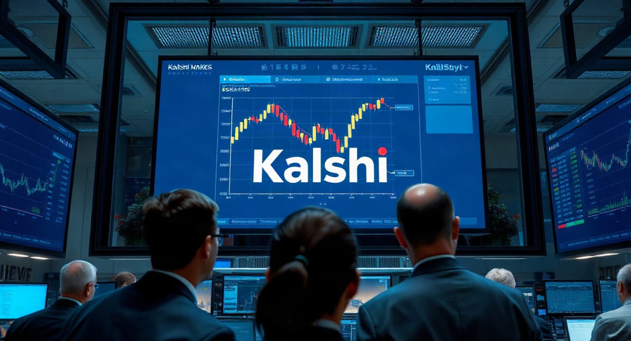 Traders on a Wall Street floor watching a screen displaying Kalshi prediction market charts