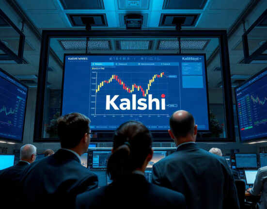 Traders on a Wall Street floor watching a screen displaying Kalshi prediction market charts