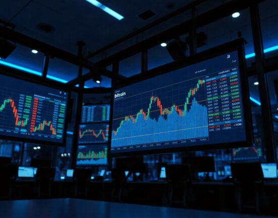 Bitcoin price chart showing upward trend on trading floor screens