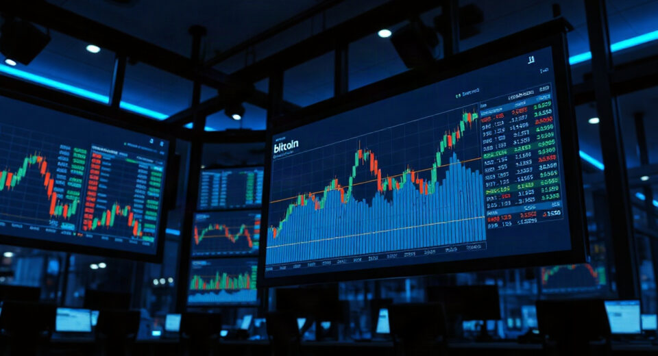 Bitcoin price chart showing upward trend on trading floor screens