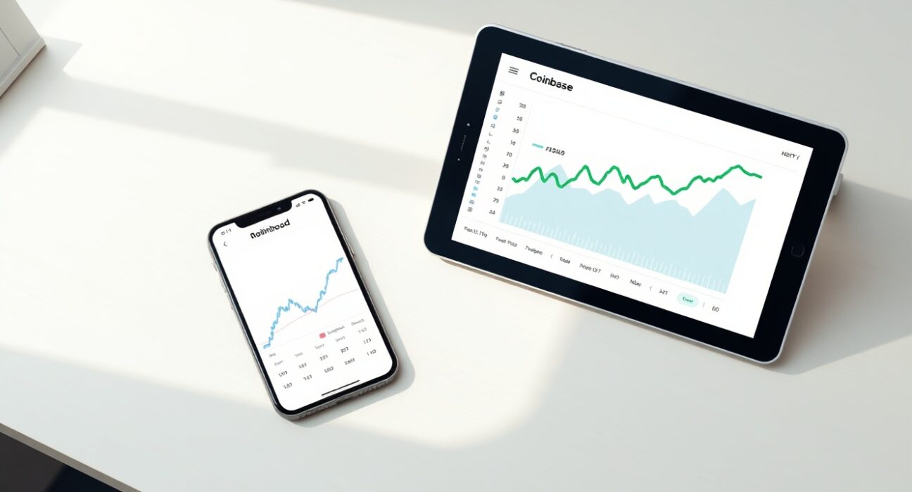 Robinhood and Coinbase apps displayed on devices, representing their advantage in prediction market growth.