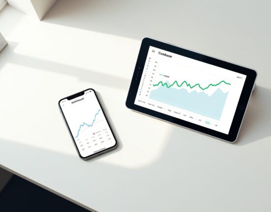 Robinhood and Coinbase apps displayed on devices, representing their advantage in prediction market growth.