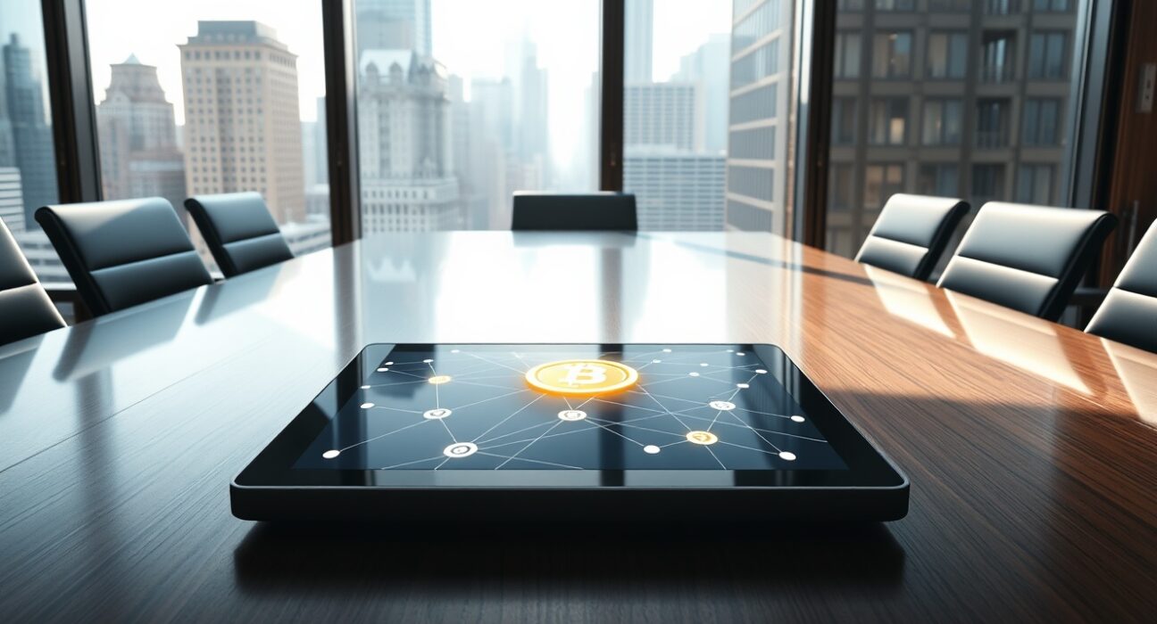 Tablet displaying blockchain network graphic on a glass conference table in a Wall Street office with city skyline view