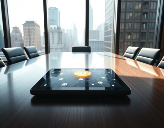 Tablet displaying blockchain network graphic on a glass conference table in a Wall Street office with city skyline view