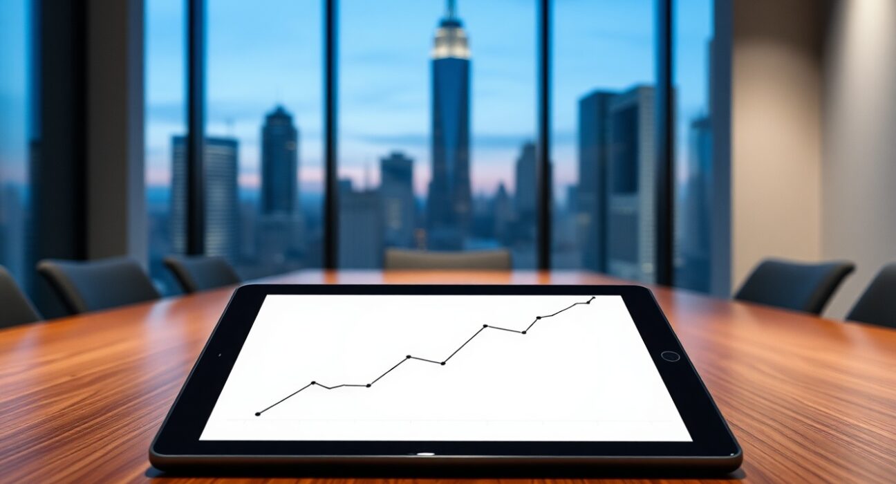 A digital tablet displaying a stock chart in a modern corporate boardroom with a city skyline at dusk.