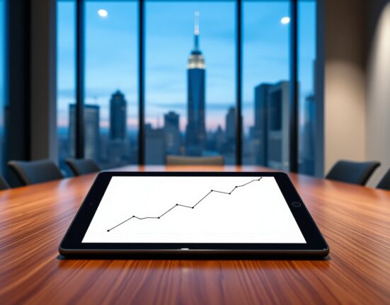 A digital tablet displaying a stock chart in a modern corporate boardroom with a city skyline at dusk.
