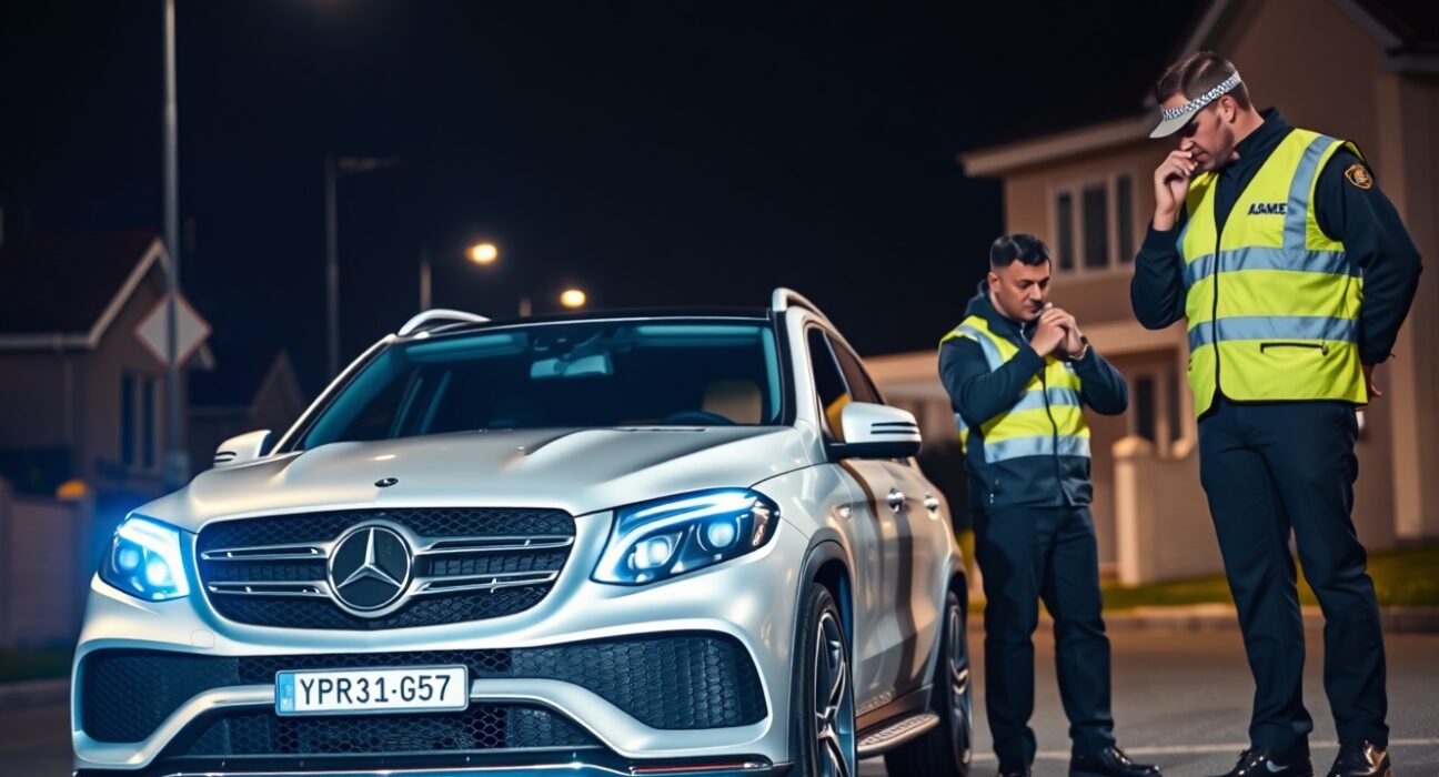 Law enforcement officers inspect a silver Mercedes-AMG GLE during a nighttime seizure operation in Cape Town.
