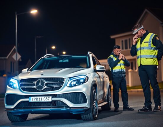 Law enforcement officers inspect a silver Mercedes-AMG GLE during a nighttime seizure operation in Cape Town.