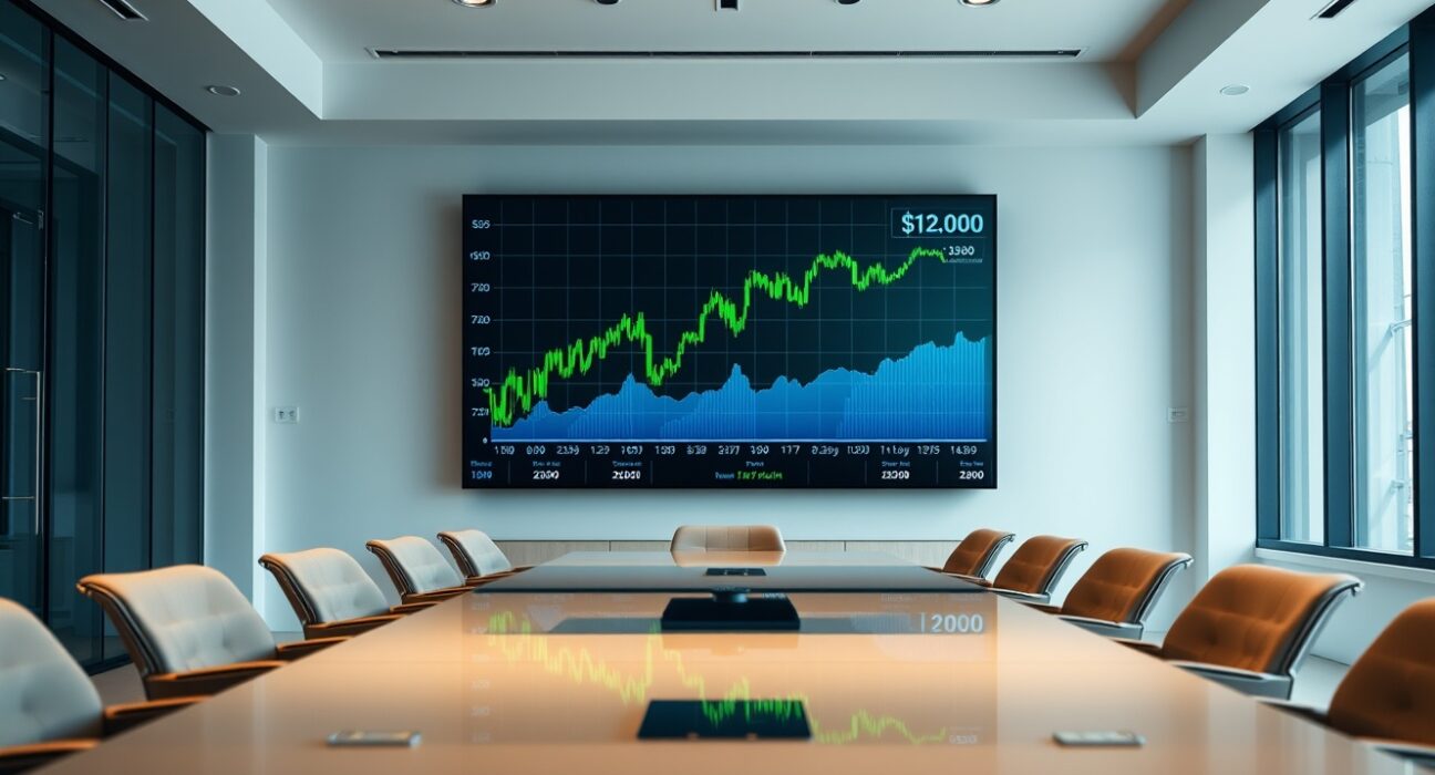Modern European corporate boardroom with a large digital screen displaying a Bitcoin price chart, representing strategic Bitcoin investment.