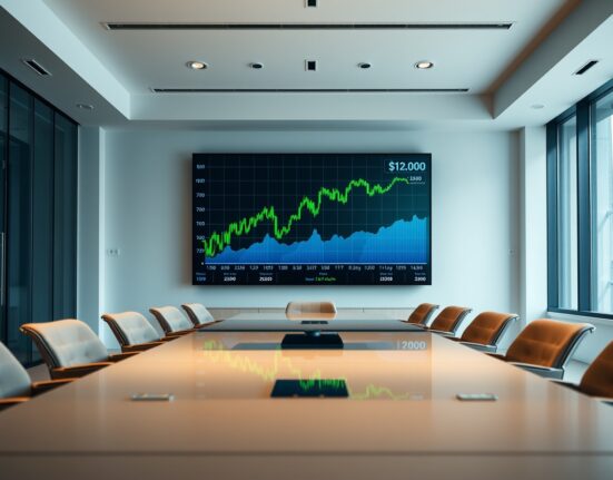 Modern European corporate boardroom with a large digital screen displaying a Bitcoin price chart, representing strategic Bitcoin investment.
