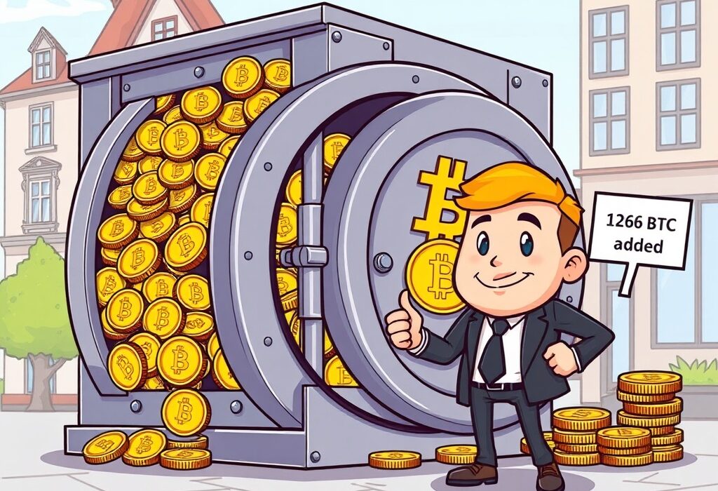 A cartoon depiction of Capital B's successful Bitcoin acquisition, showing increased Bitcoin holdings and institutional BTC investment.