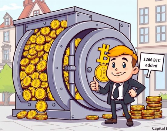 A cartoon depiction of Capital B's successful Bitcoin acquisition, showing increased Bitcoin holdings and institutional BTC investment.