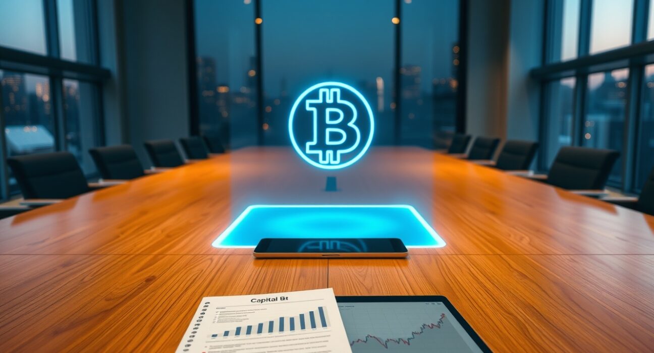 Strategic corporate Bitcoin acquisition planning in a modern boardroom setting.