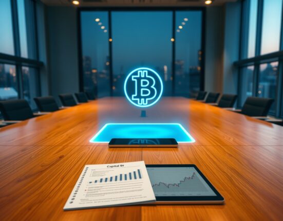 Strategic corporate Bitcoin acquisition planning in a modern boardroom setting.