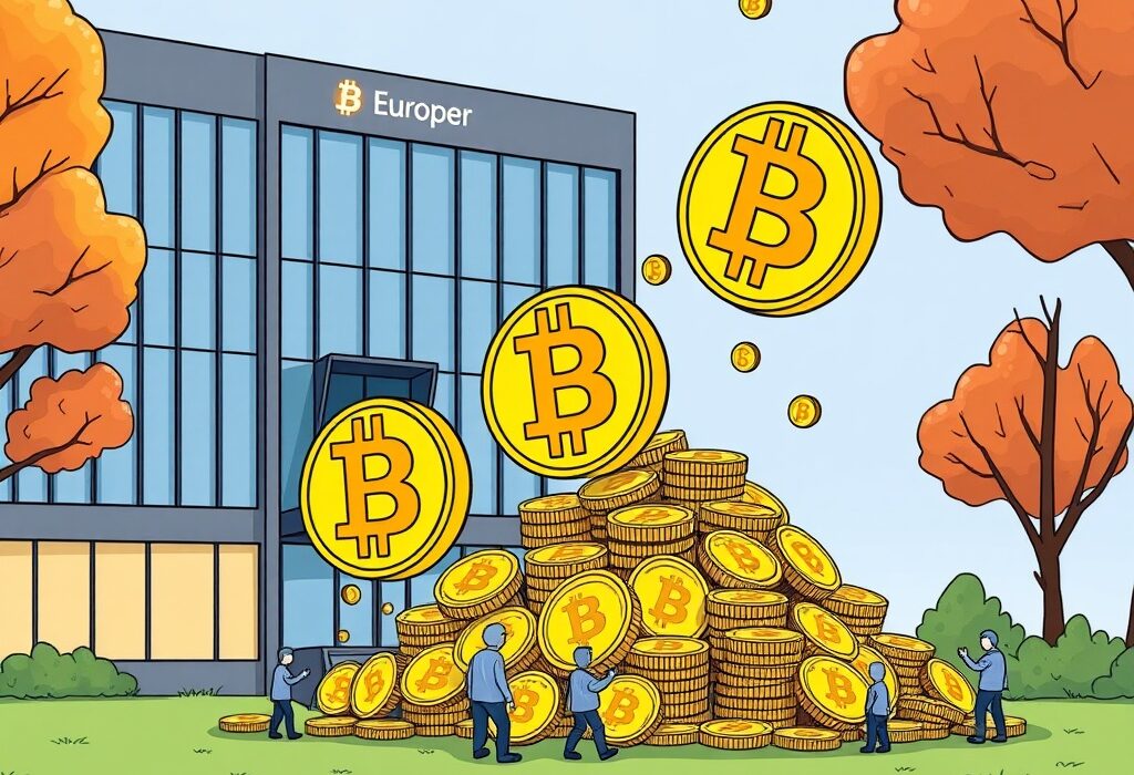 A cartoon illustration showing Capital B's strategic Bitcoin acquisition, increasing their corporate BTC holdings significantly.