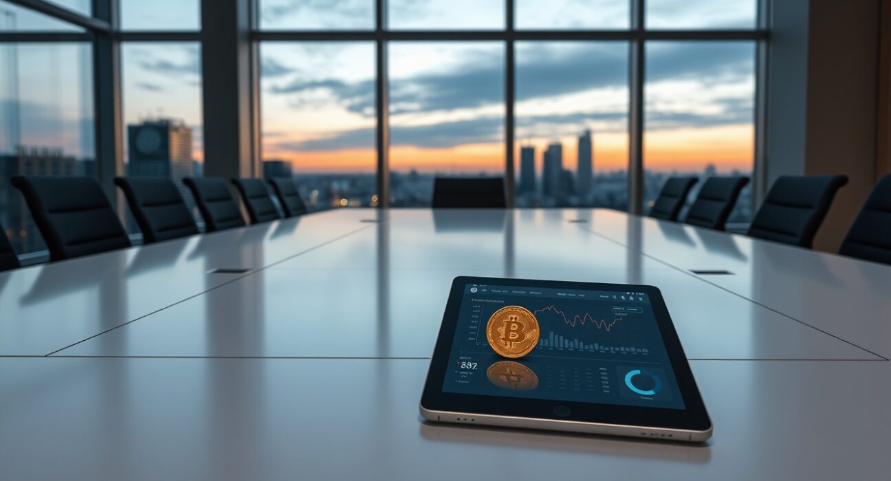 Corporate boardroom scene representing Capital B's strategic Bitcoin treasury investment decision.