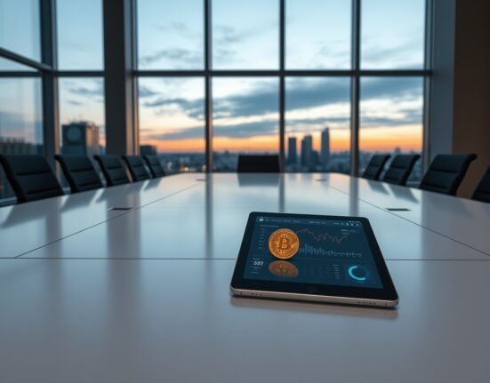 Corporate boardroom scene representing Capital B's strategic Bitcoin treasury investment decision.