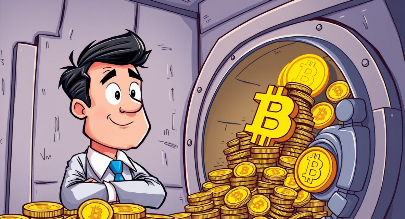 A cartoon illustration showing Capital B's executive making a significant Capital B Bitcoin purchase, symbolizing strategic growth in crypto.