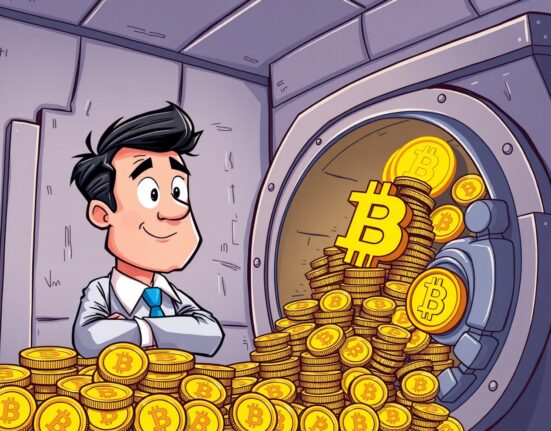 A cartoon illustration showing Capital B's executive making a significant Capital B Bitcoin purchase, symbolizing strategic growth in crypto.