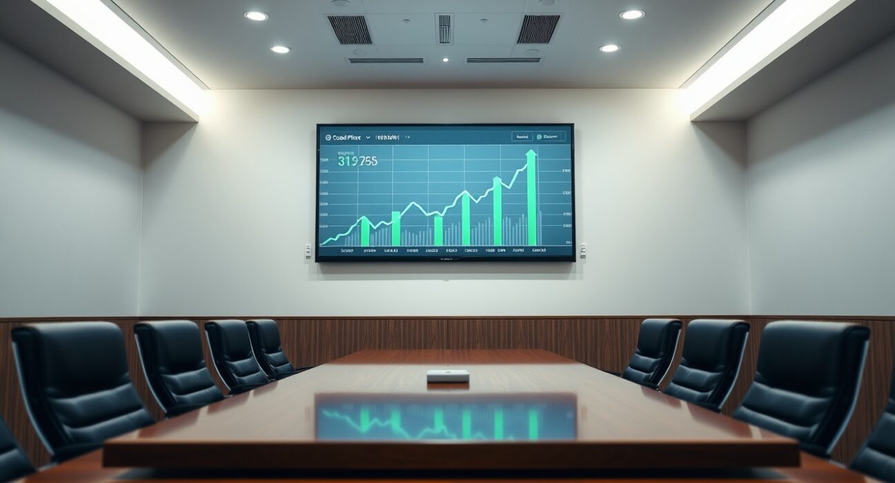 Corporate boardroom with Bitcoin price chart on digital screen