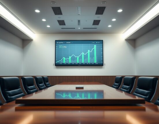Corporate boardroom with Bitcoin price chart on digital screen