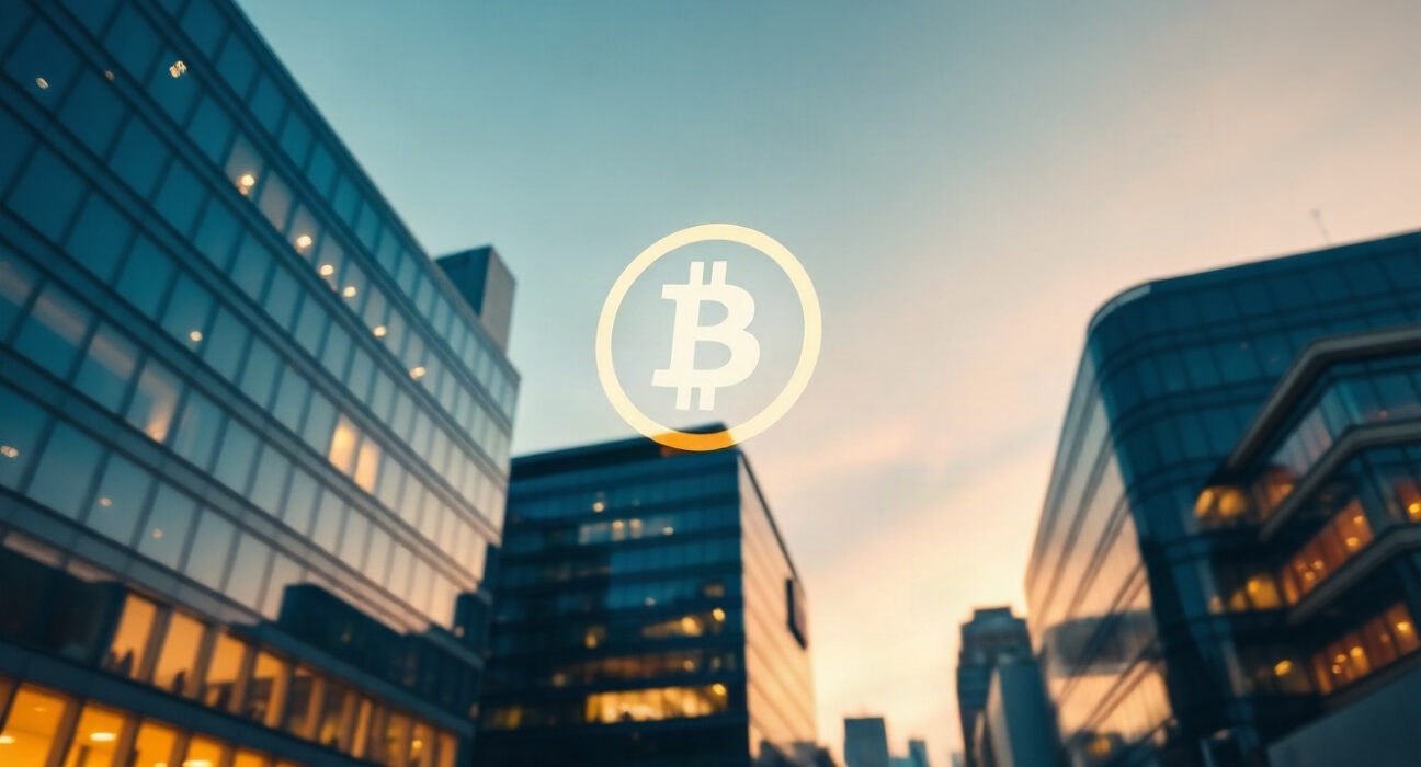 European financial district with a subtle Bitcoin hologram symbolizing institutional investment